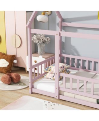 Twin Size House Floor Wooden Bed with Roof Frame Safety Guardrails Pink