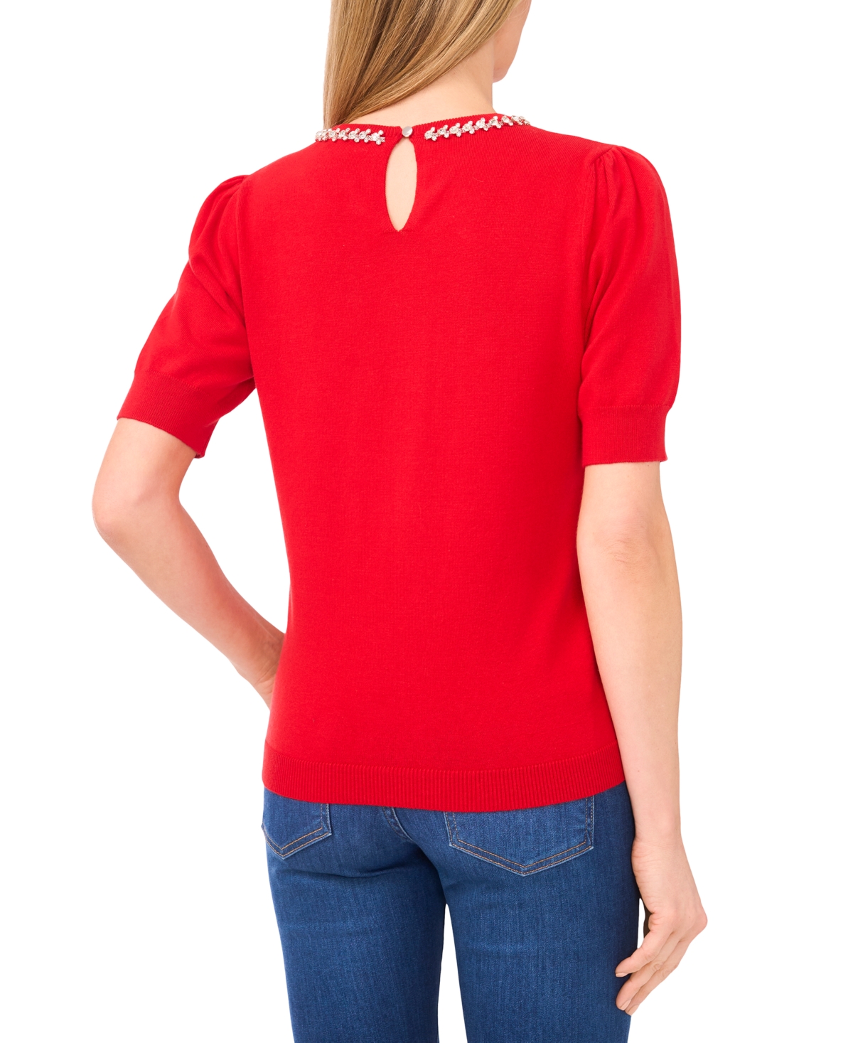 Cece Women's Embellished Neck Trim Short Sleeve Sweater Top In Red