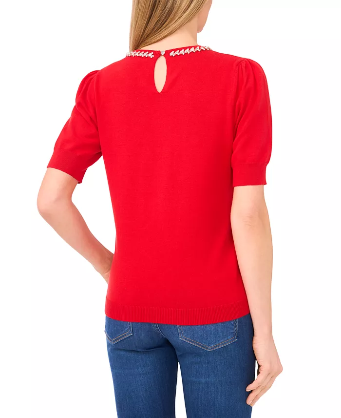 Women's Embellished Neck Trim Short Sleeve Sweater Top - thumbnail 3