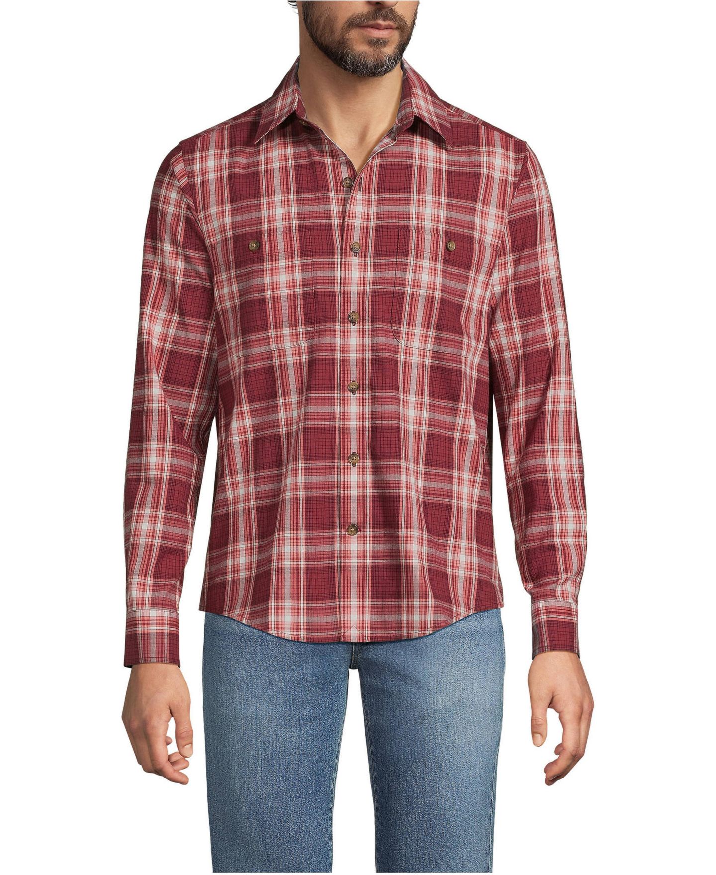 Мужская рубашка Lands' End Lightweight Coastal Flannel, цвет: Бордовый клетчатый — фото 1