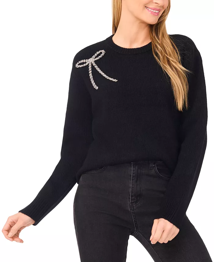 Women's Oversized Crewneck Bow Appliqu&eacute; Long-Sleeve Sweater
