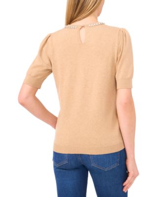 Women's Embellished Neck Trim Short Sleeve Sweater Top