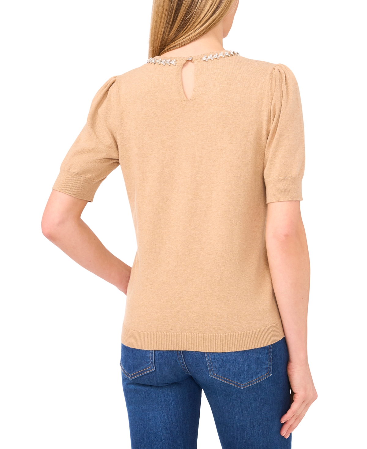 Cece Women's Embellished Neck Trim Short Sleeve Sweater Top In Gold