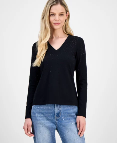 Petite Embellished V-Neck T-Shirt - Deep Black