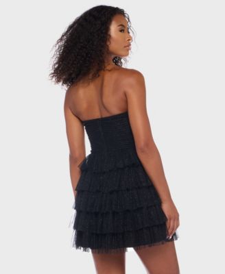 Juniors' Strapless Side-Shirred Tiered Glitter Mini Dress