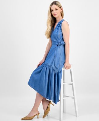 Petite Surplice-Neck Sleeveless Dress, Macy's Exclusive 