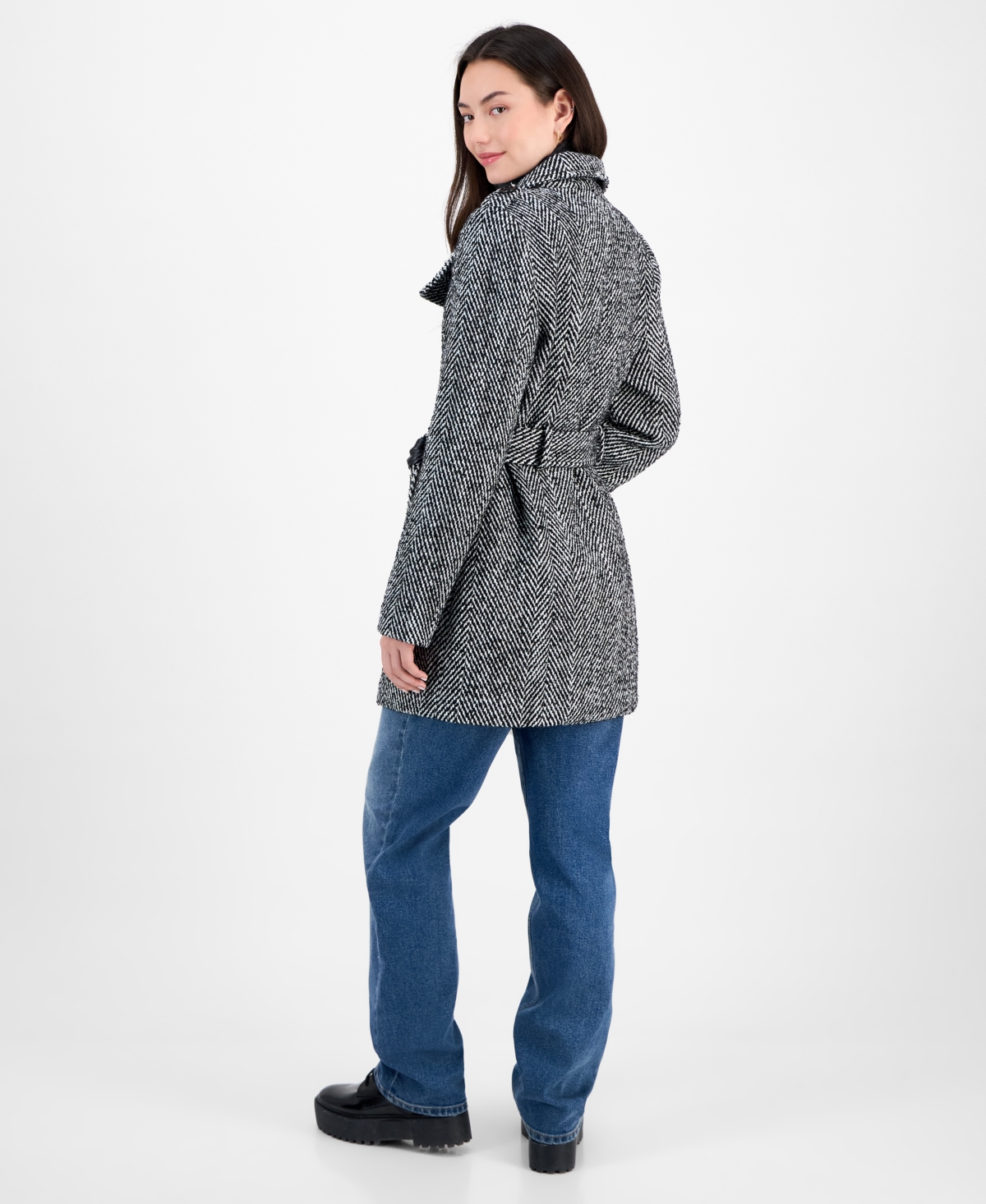 Bcx Juniors' Plaid Funnel-neck Trench Coat In Gray