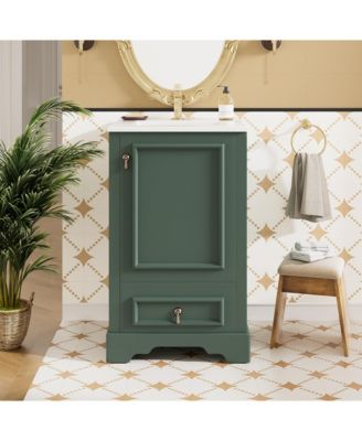 20" Solid Wood And MDF Soft-Close Door, U-Shaped Shelf, Drawer and Storage Rack Bathroom Vanity with Ceramic Sink