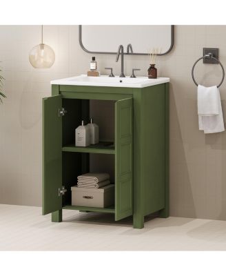 24" Small Bathroom Vanity with Ceramic Sink, 2 Soft-Close Doors and Adjustable Shelf