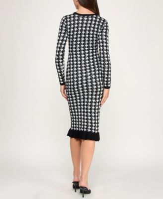 Juniors Sequin Houndstooth Ruffle Hem Midi Sweater Dress