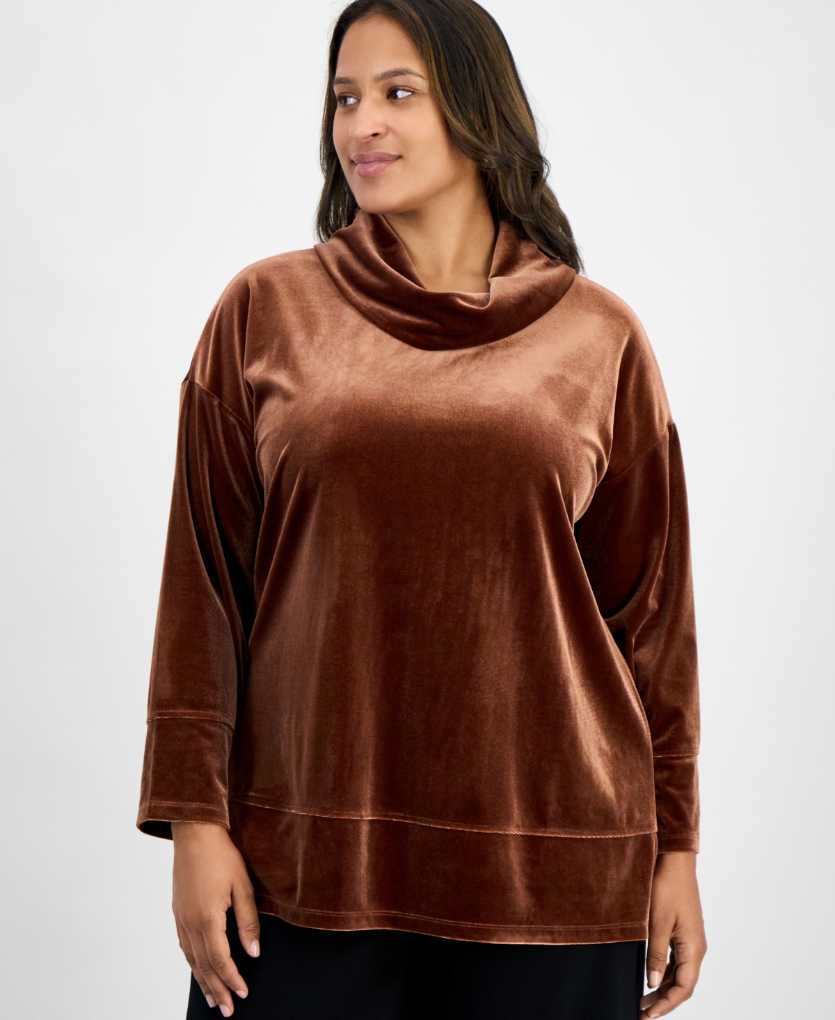 Jones New York Plus Size Velour Cowl-neck Top In Brown