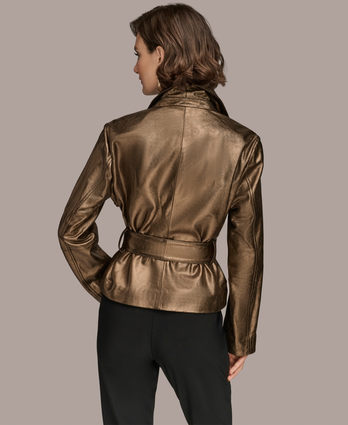 Donna Karan New York Metallic Leather Belted Jacket In Green