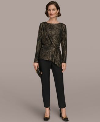 Women's Foil Knit Cinch Waist Long Sleeves Top