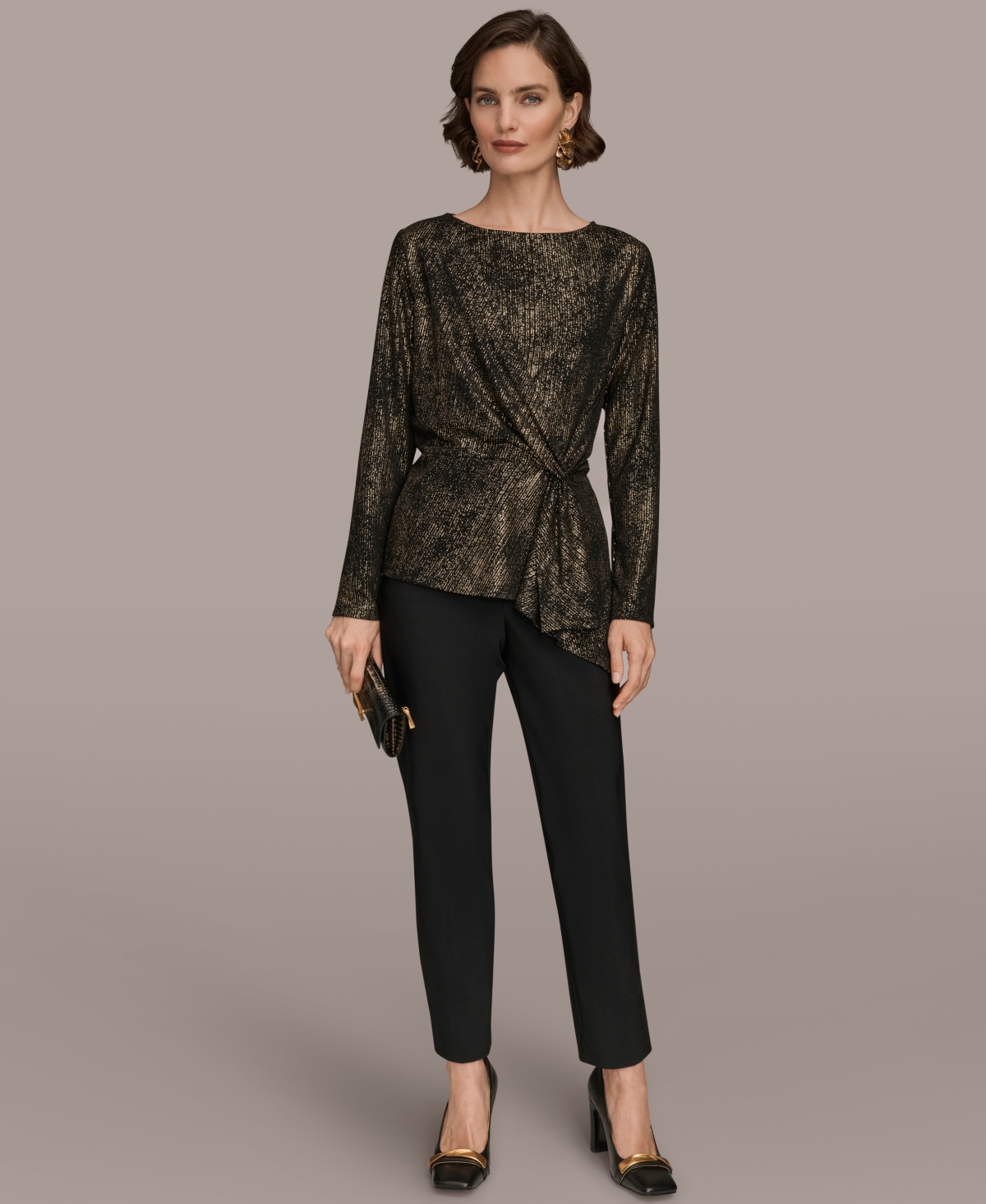Donna Karan New York Women's Foil Knit Cinch Waist Long Sleeves Top