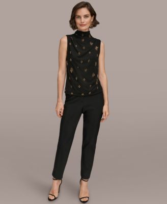 Women's Sleeveless Metallic Beaded Mock Neck Top