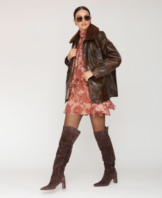 Women's Leather Contrast Collar Coat