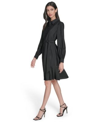 Petite Pleated Long Sleeve Shirt Dress