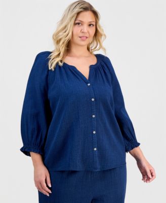 Plus Size Cotton Button-Front Blouse