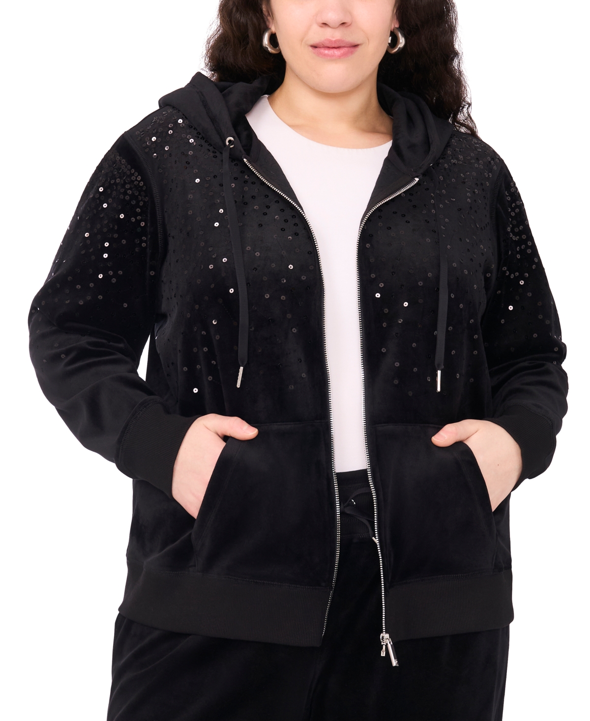 Vince Camuto Plus Size Velour Zip-front Hoodie Jacket In Black
