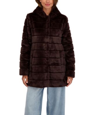 Women's Hooded Grooved Faux Fur Coat