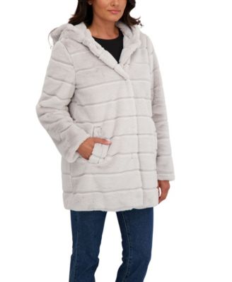 Women's Hooded Grooved Faux Fur Coat