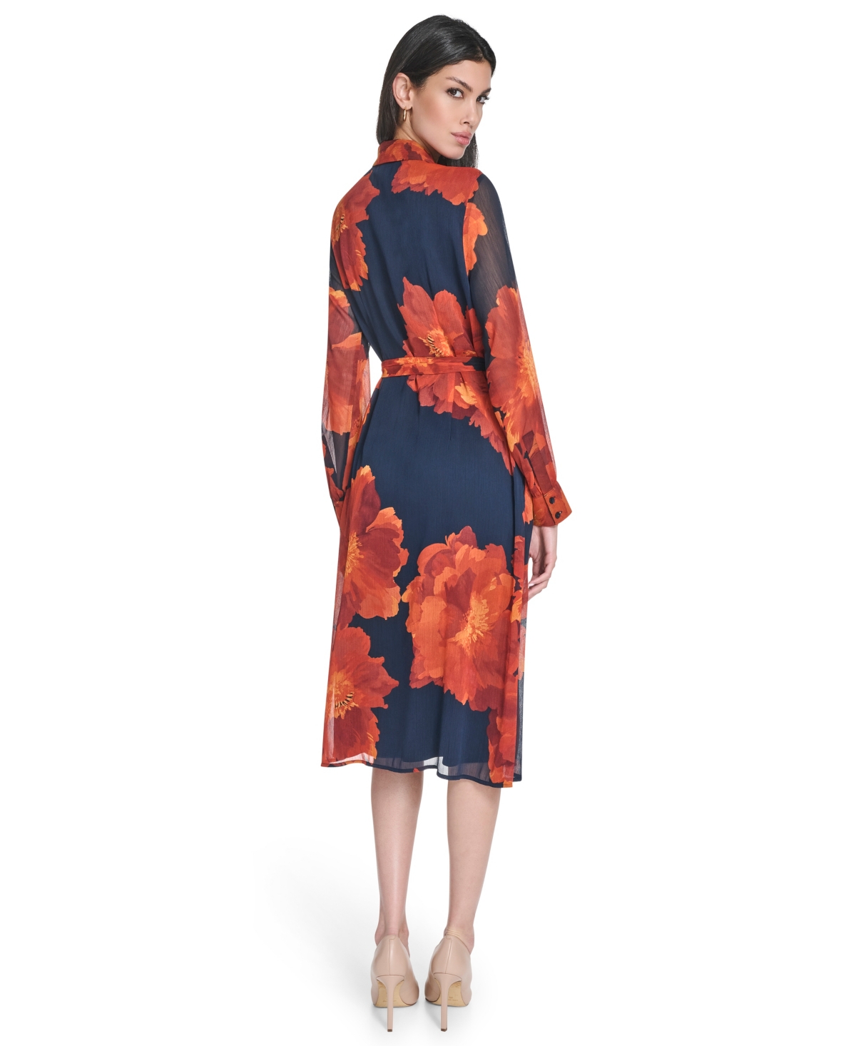Calvin Klein Petite Printed Button Front Midi Shirtdress In Blue