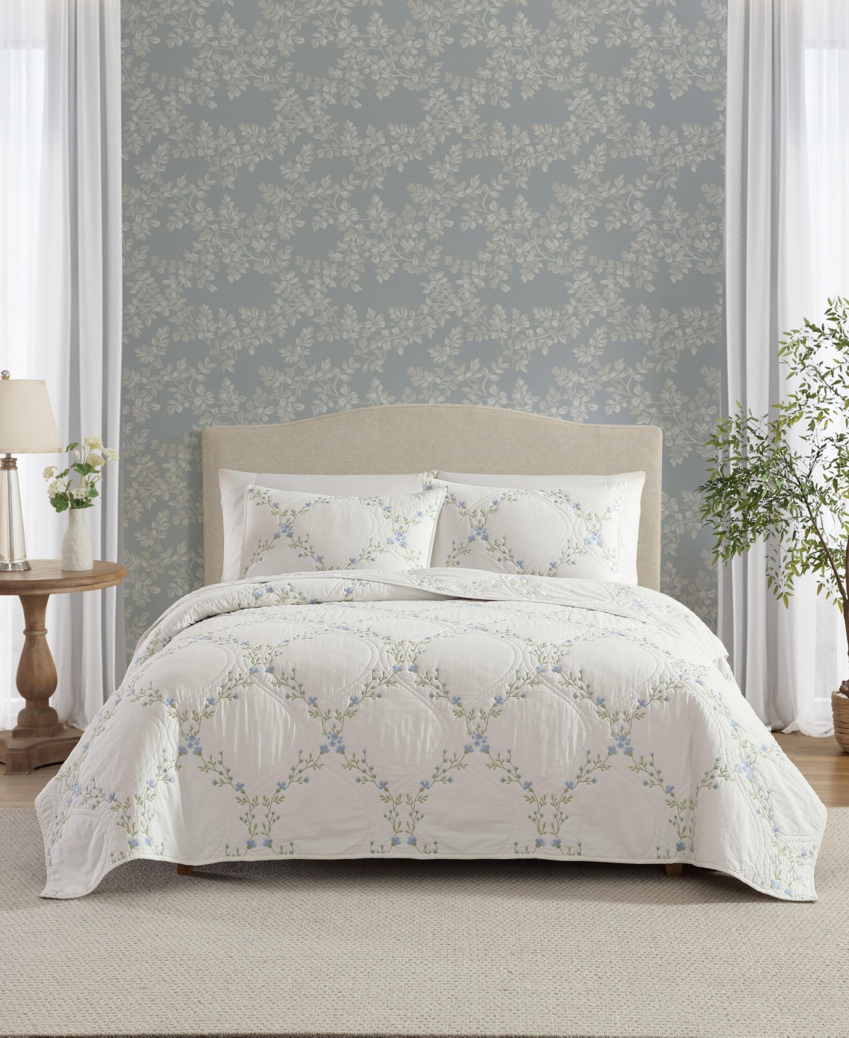 Laura Ashley Floral Embroidery Cotton 2-pc. Quilt Set, Twin In White
