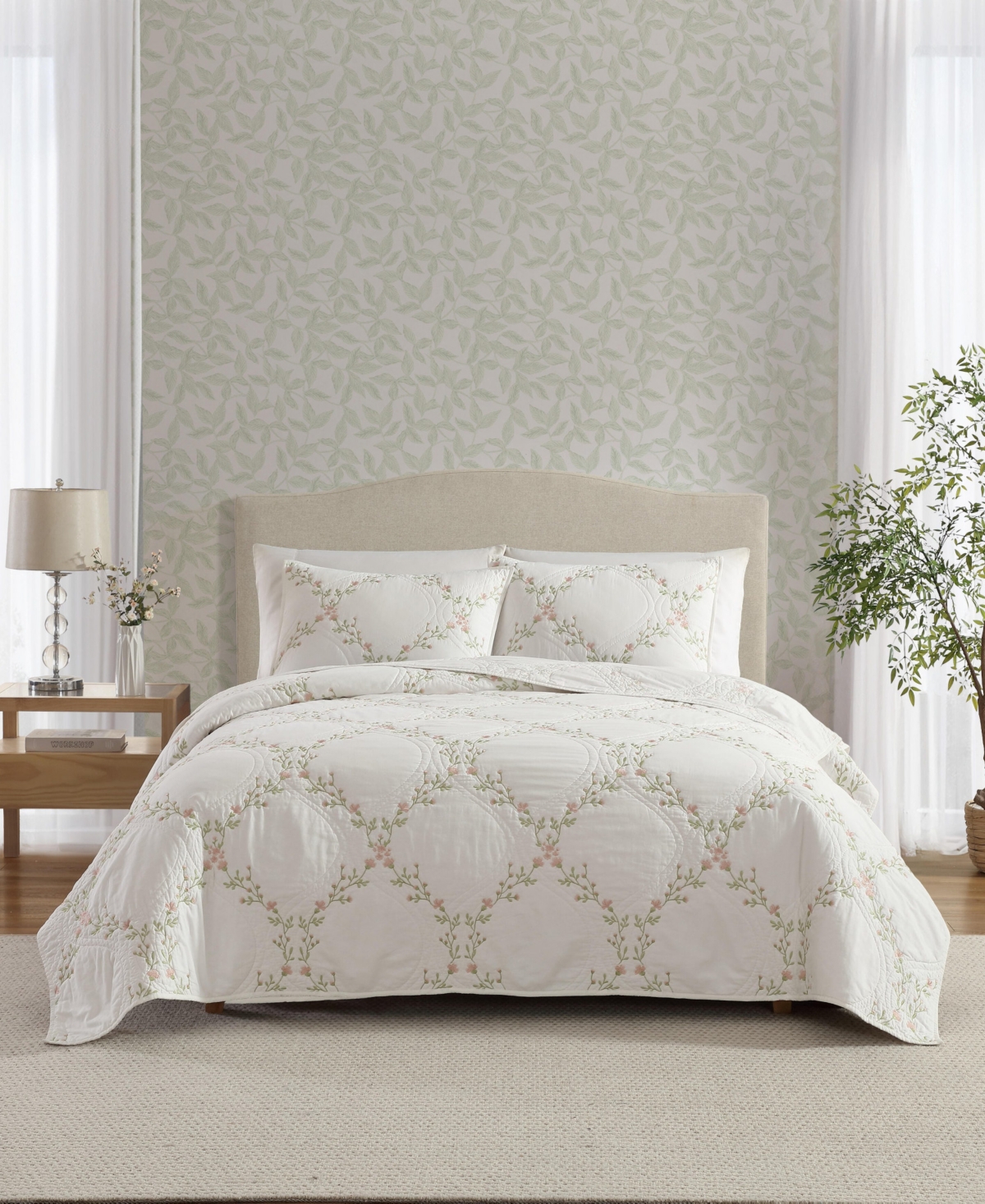 Laura Ashley Floral Embroidery Cotton 2-pc. Quilt Set, Twin In White
