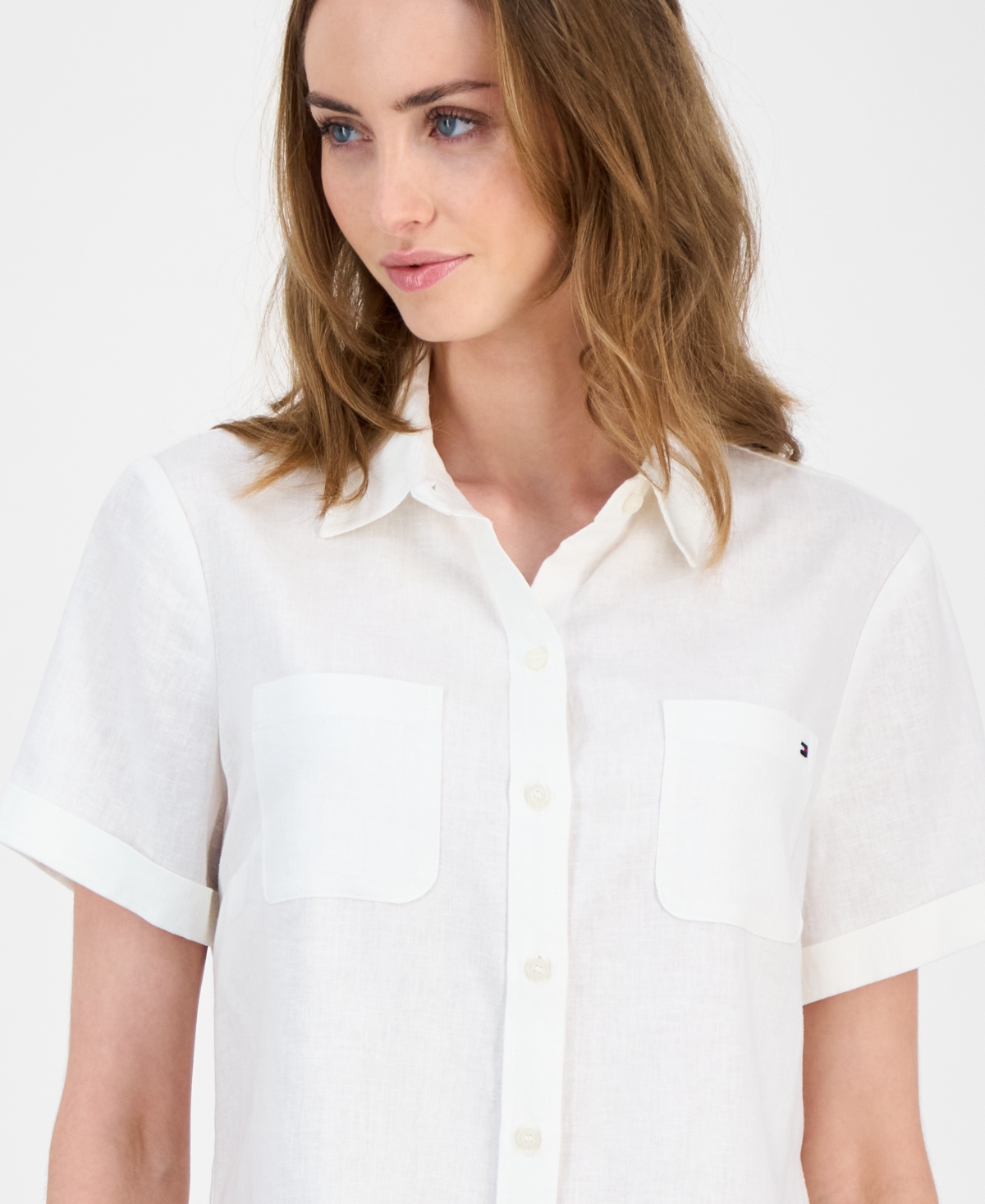 Tommy Hilfiger Women's Cuffed Short-sleeve Camp Shirt In White