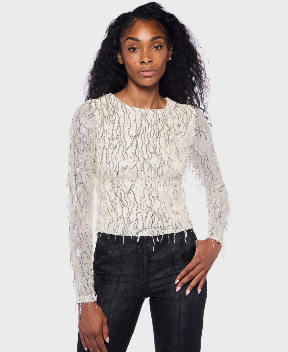 Alex & Sophia Women's Fringe Detail Long Sleeve Top