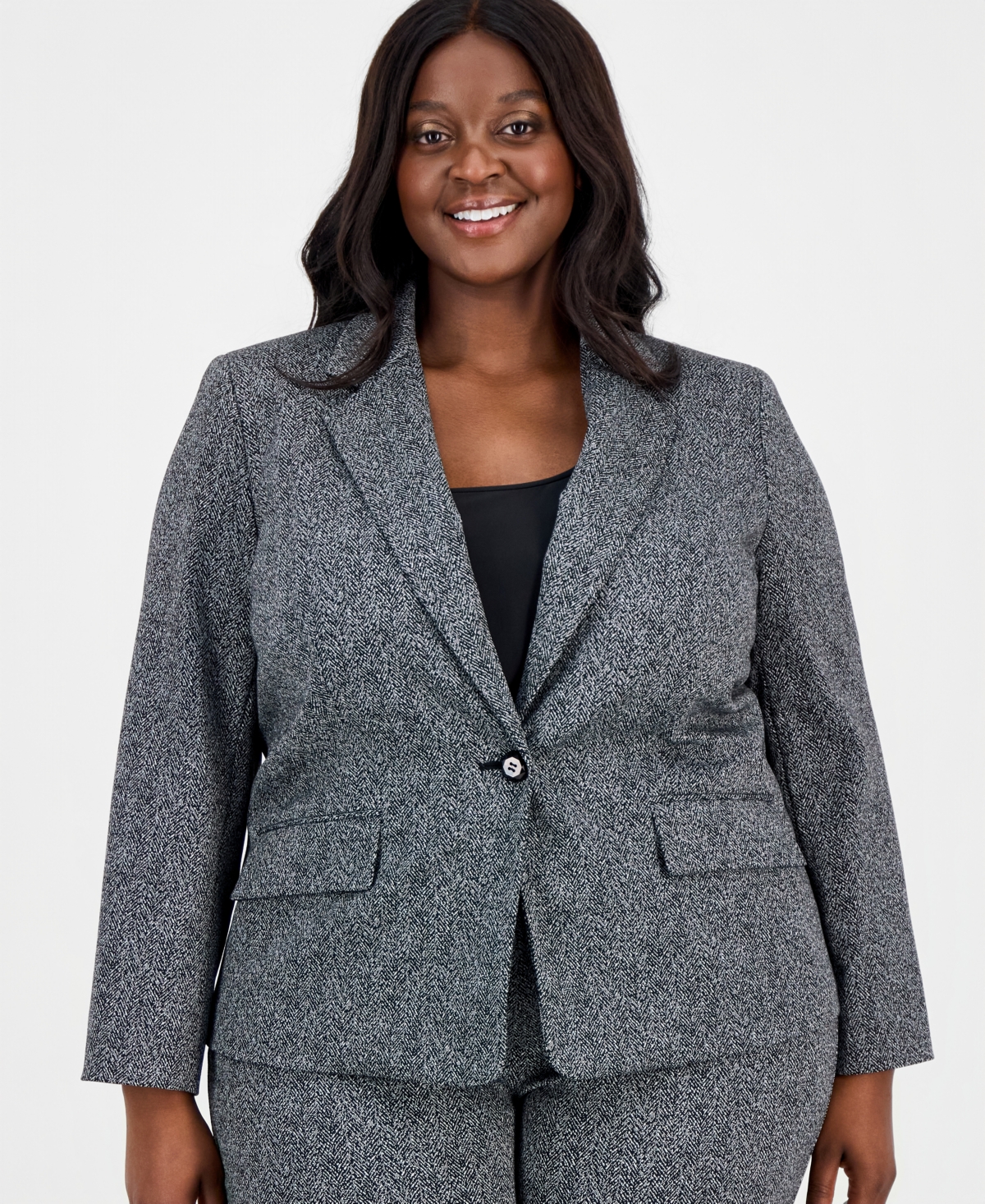 Kasper Plus Herringbone One-Button Blazer