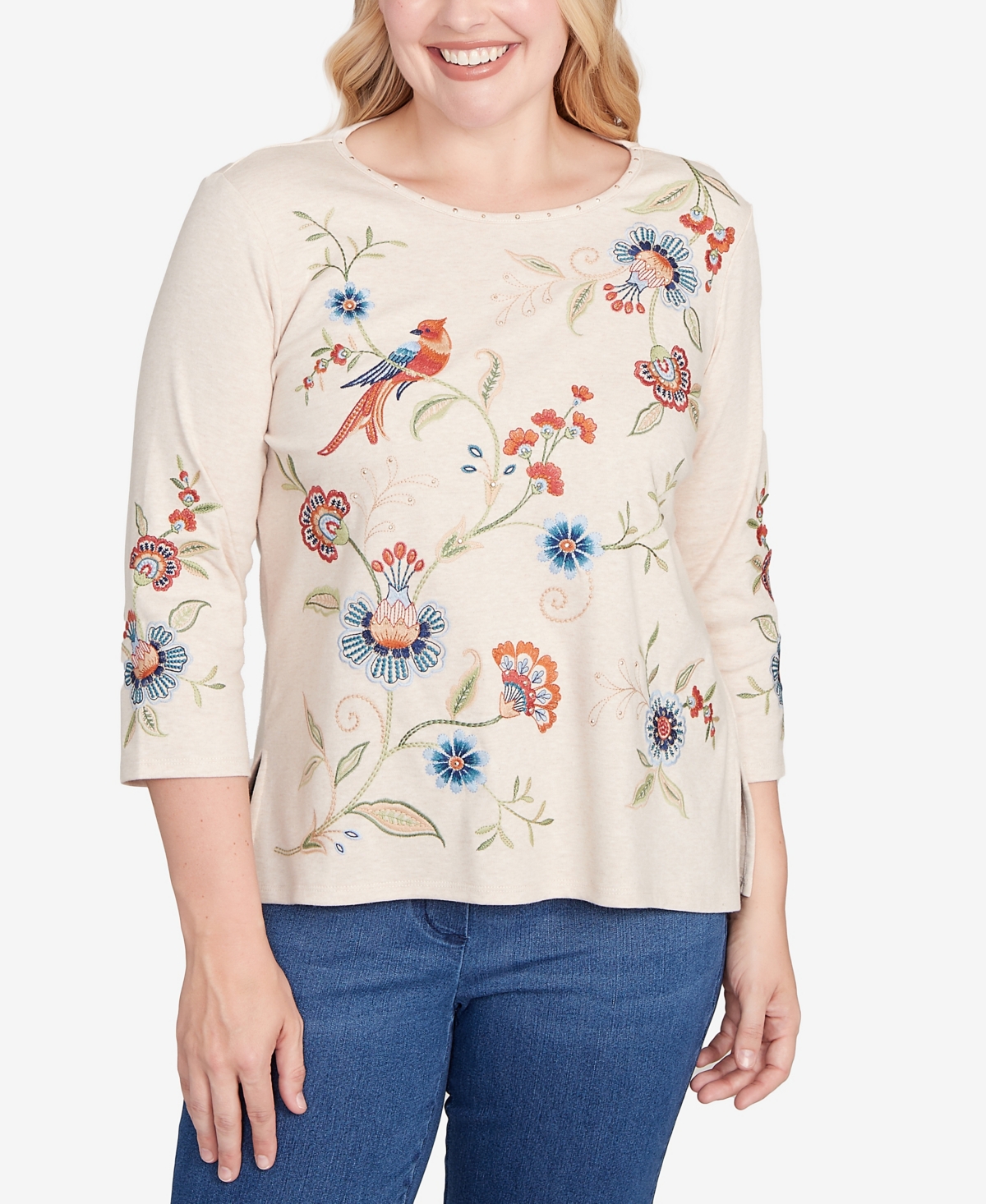 Alfred Dunner Women's Sunset Canyon Allover Floral Embroidered Crew Neck Top