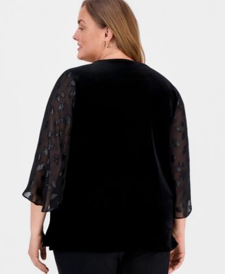 Plus Size Mixed-Media Contrast-Sleeve Blouse 