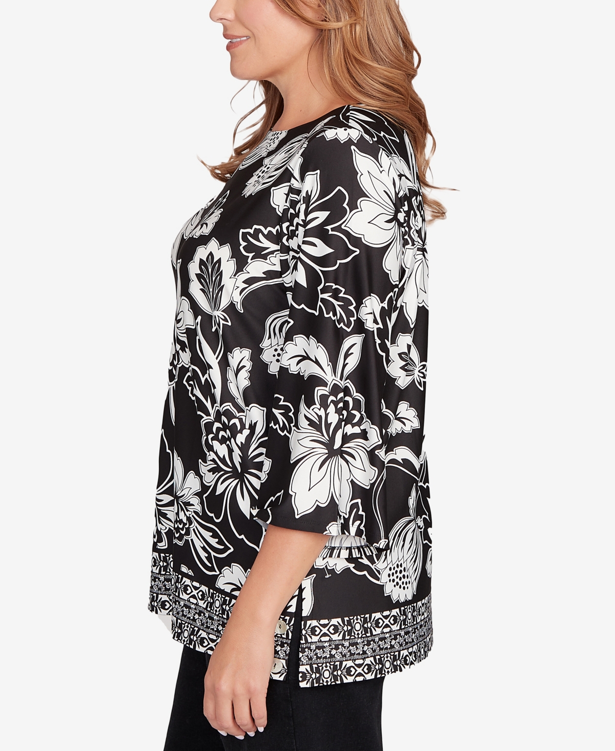 Ruby Rd. Plus Size Floral Geo Border Knit Top In Multi