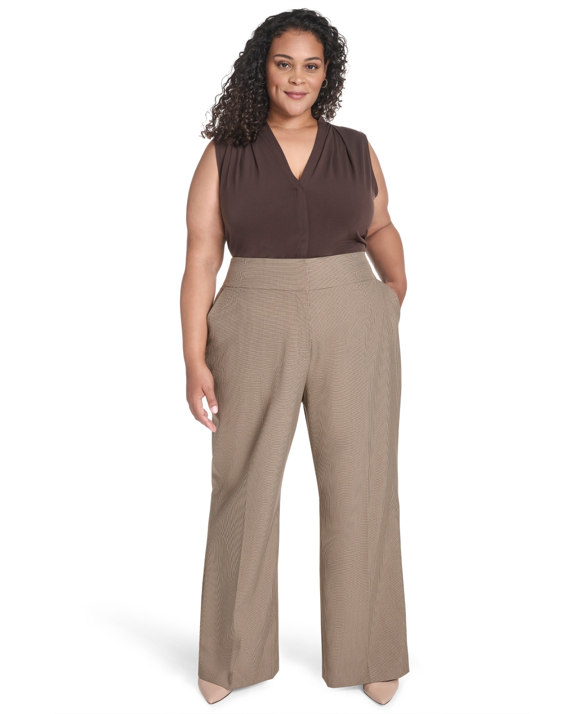 Calvin Klein Plus Size Check-print Wide-leg Pants In Brown