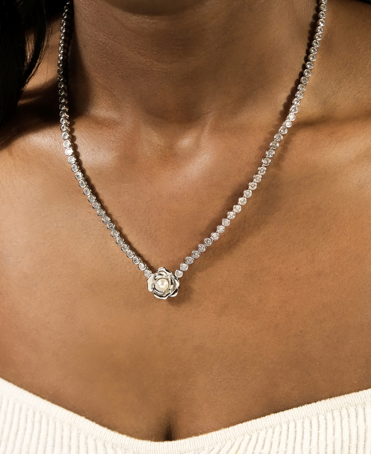 Sterling Forever Rosa Cultivated Pearl Flower Cubic Zirconia Tennis Necklace In Silver
