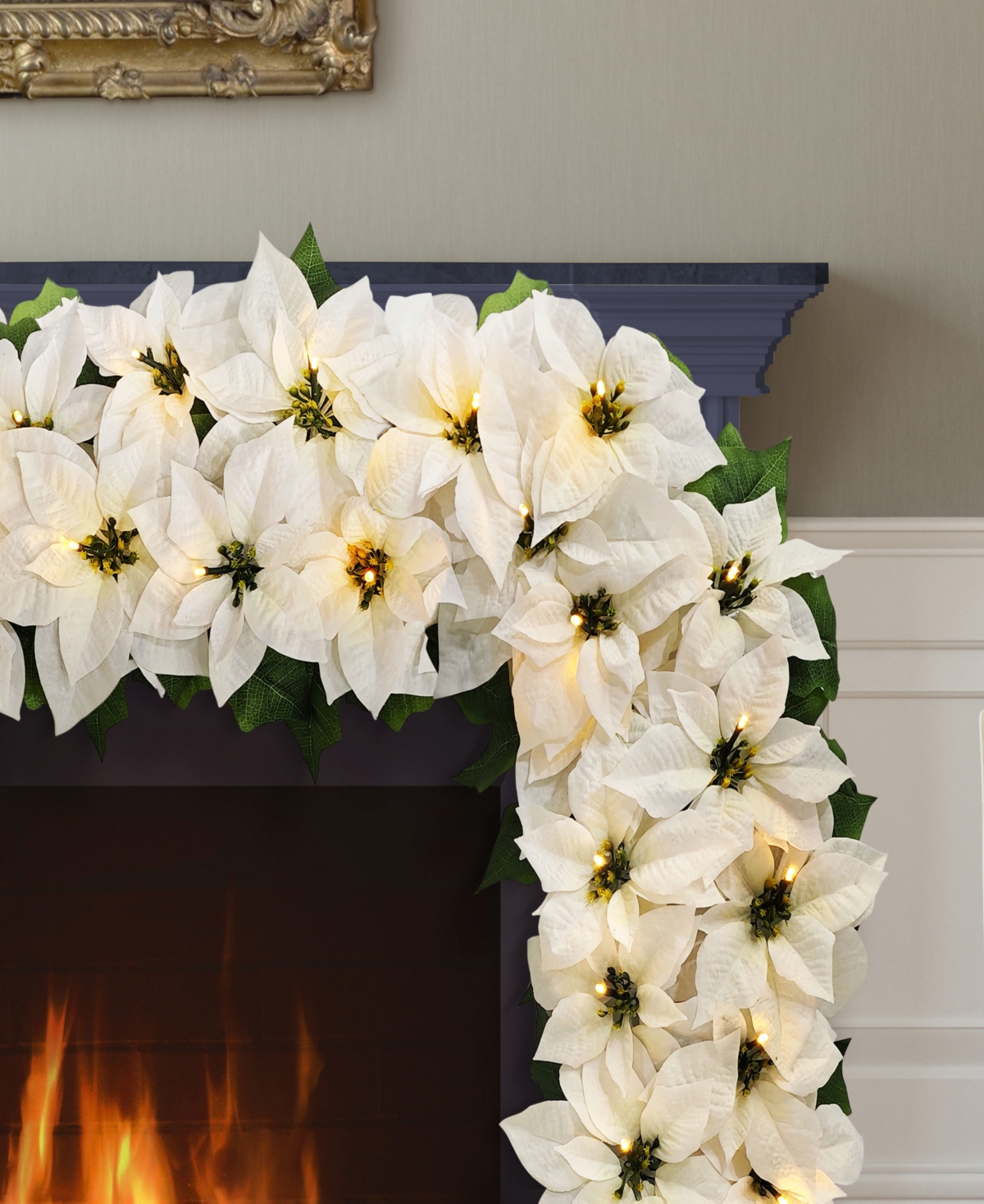Puleo 12" Pre-lit Artificial Poinsettia Garland In White