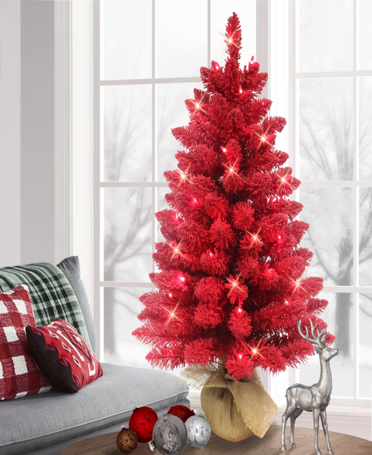 Puleo 3' Pre-lit Artificial Flocked Fashion Tree In Red