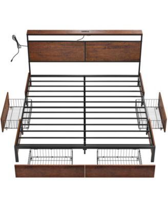 King Size Bed Frame with LED Storage Headboard & 4 Drawers & Charging Station Brown