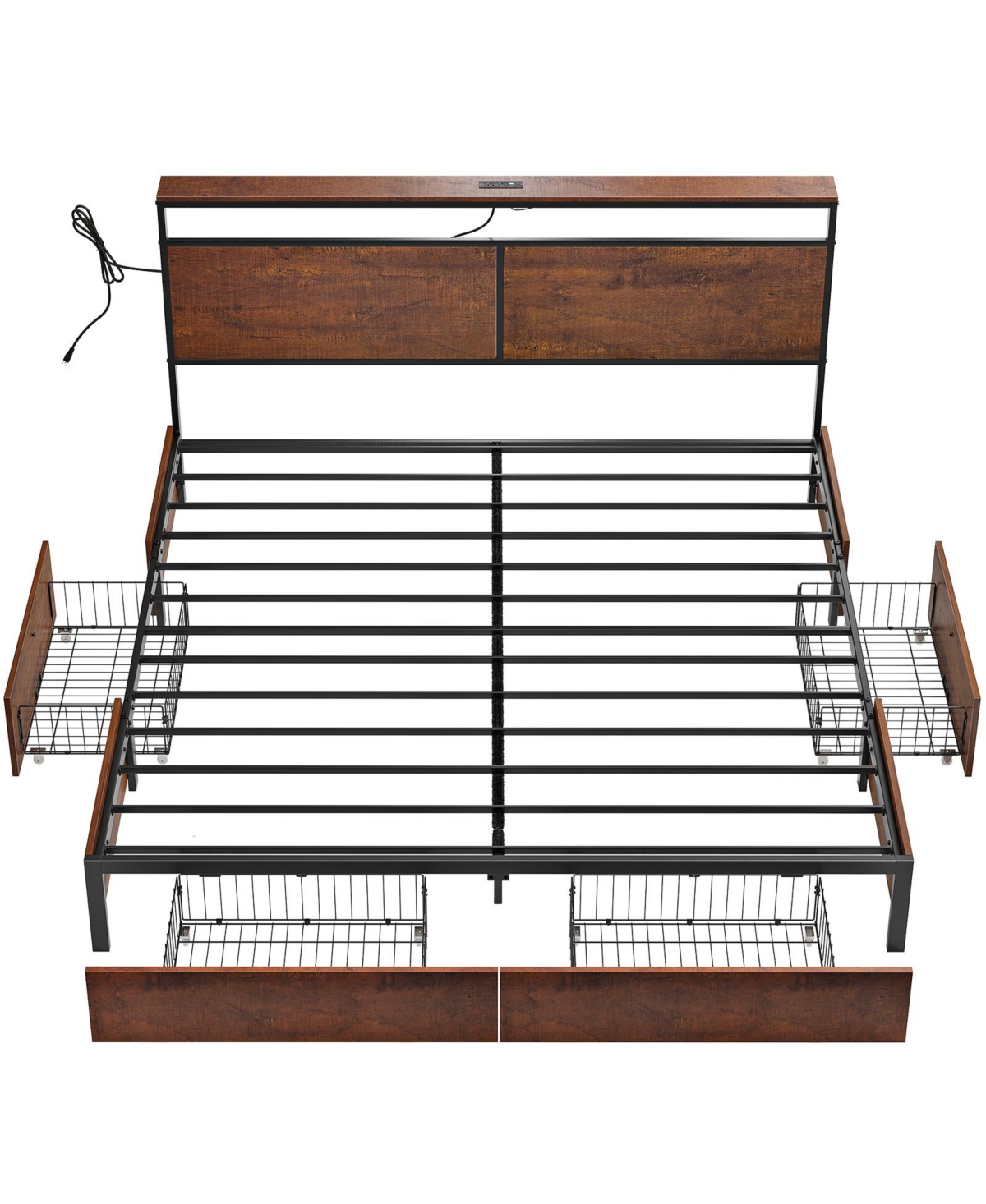 Hausource King Size Bed Frame with Led Storage Headboard & 4 Drawers & Charging Station