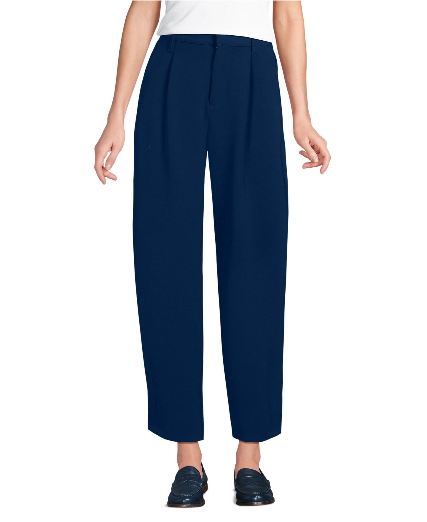 Женские брюки Lands' End Crepe High Rise Pleated Barrel Leg Ankle, цвет: Морской тёмно-синий — фото 1