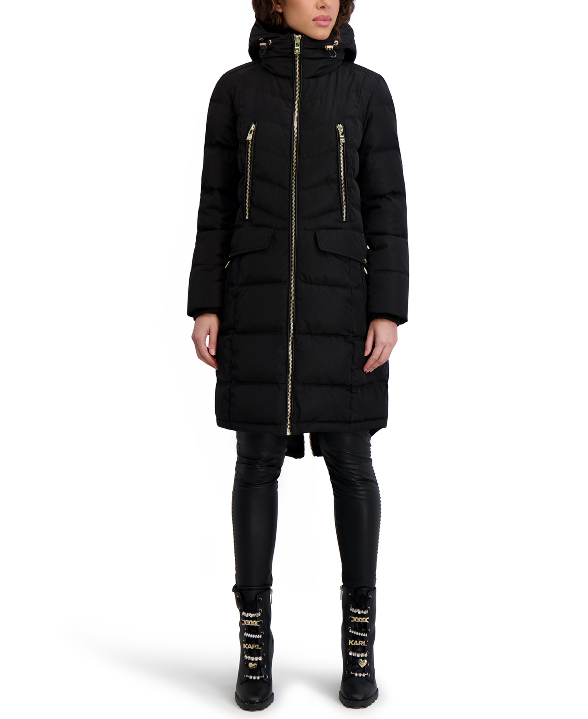 Karl Lagerfeld Women's Hooded Luxe Twill Detail Puffer Coat In Black