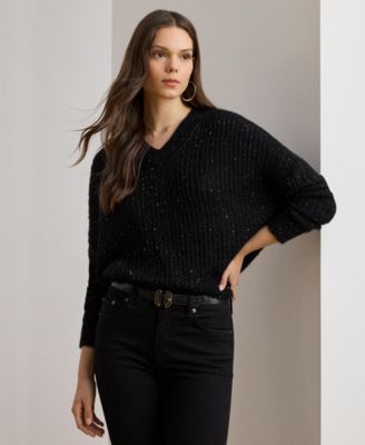 Women's Sequined Rib-Knit V-Neck Sweater