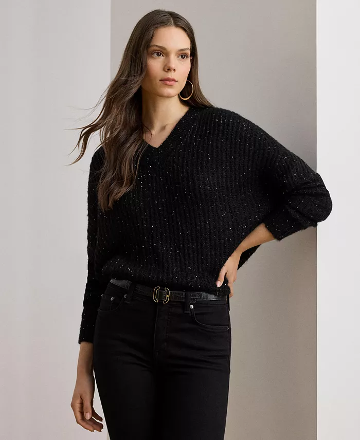 Women's Sequined Rib-Knit V-Neck Sweater - thumbnail 6