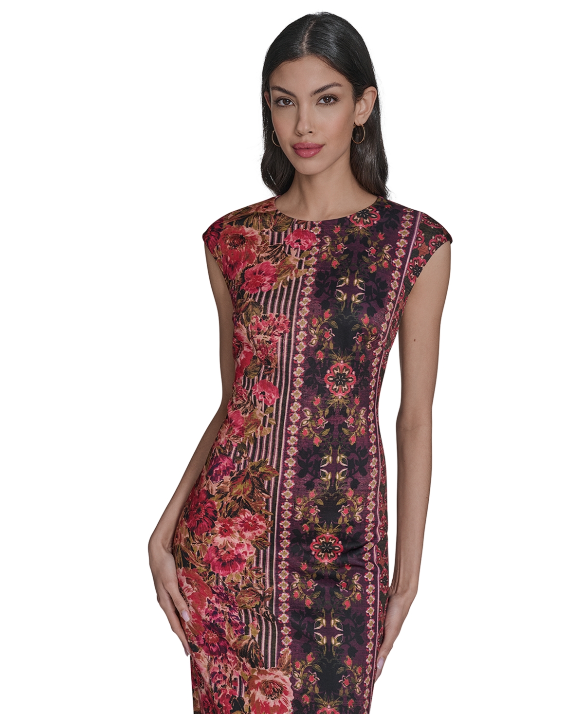 Vince Camuto Petite Placement Shift Print Round Neck Midi Bodycon Dress In Multi