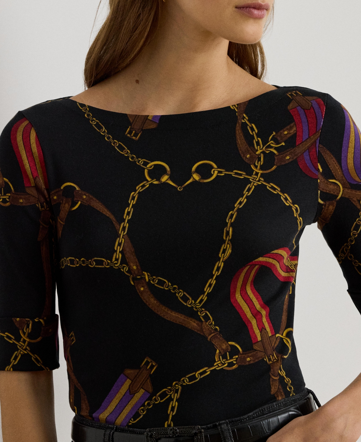 Ralph Lauren Print Stretch Cotton Boatneck Tee In Multi