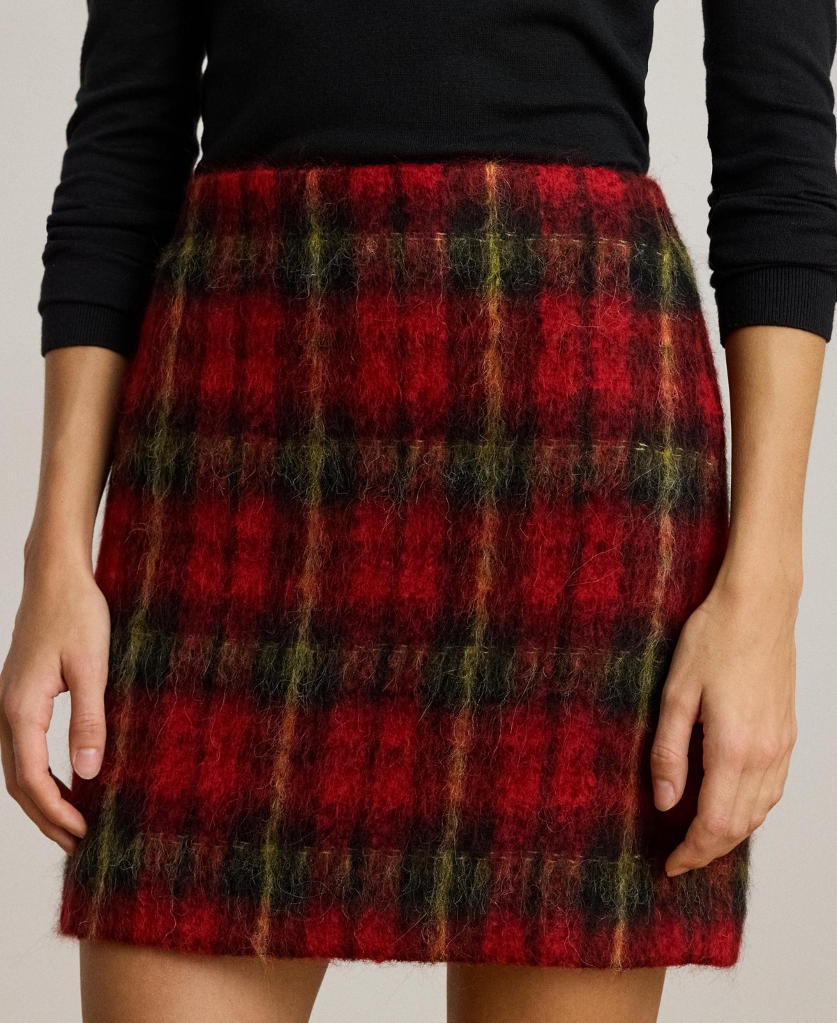 Ralph Lauren Mohair Plaid Pencil Mini Skirt In Multi