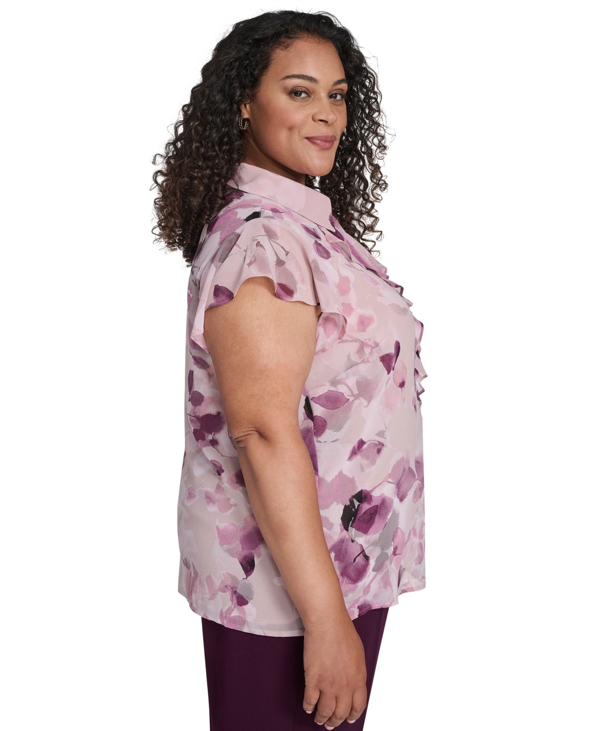 Calvin Klein Plus Size Ruffle Front Short Sleeve Top In Purple