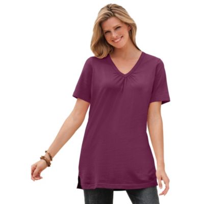 Plus Size Perfect Short-Sleeve Shirred V-Neck Tunic Top