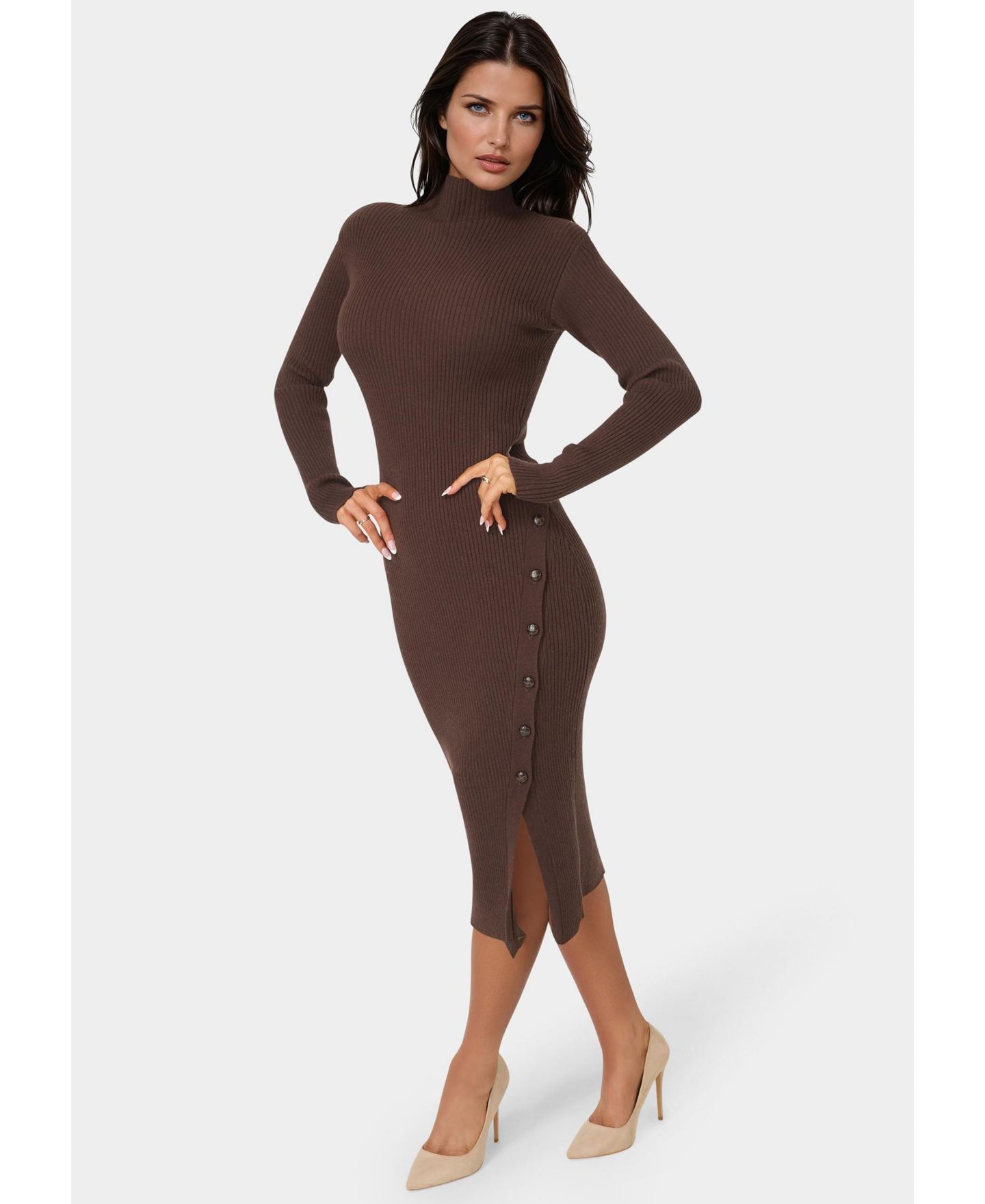Женское платье Bebe Long Sleeve Mockneck Sweater Midi, цвет: Шоколадный — фото 2
